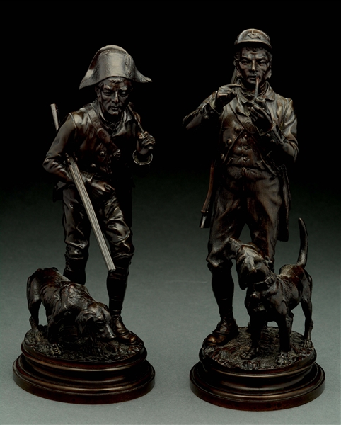 ALFRED DUBUCOND (1828 - 1894) 2 BRONZE SCULPTURES OF A HUNTER WITH HIS DOG.
