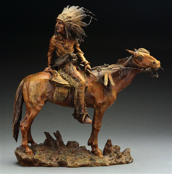 CARL KAUBA (1865 - 1922) NATIVE AMERICAN ON HORSEBACK.