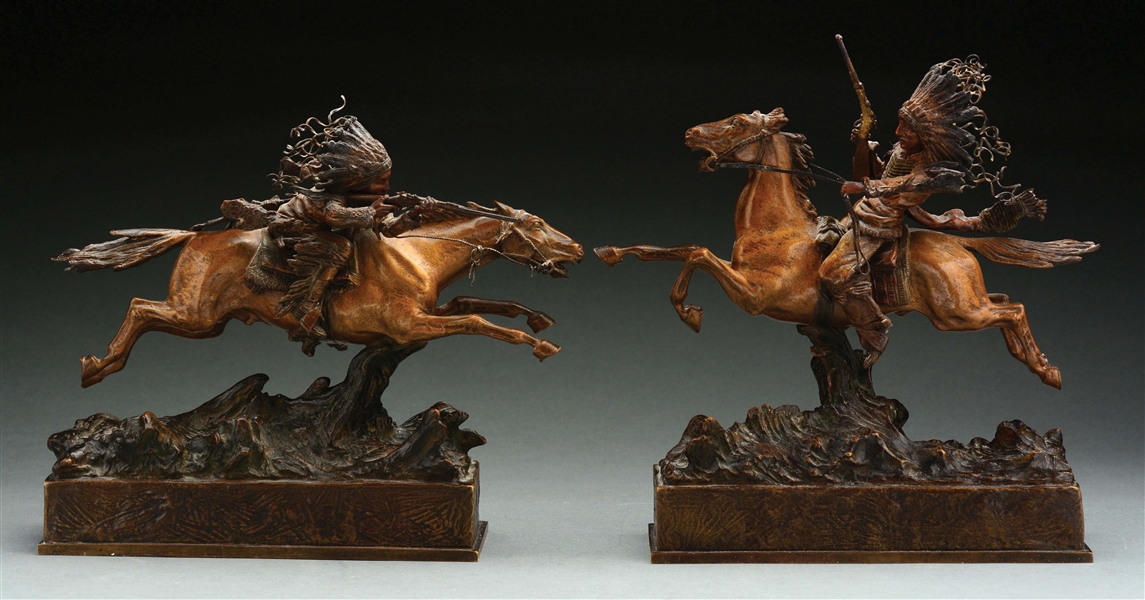 LOT OF 2: T. CURTIS (1895 - 1930) SCULPTURES OF AN INDIAN ON HORSEBACK.