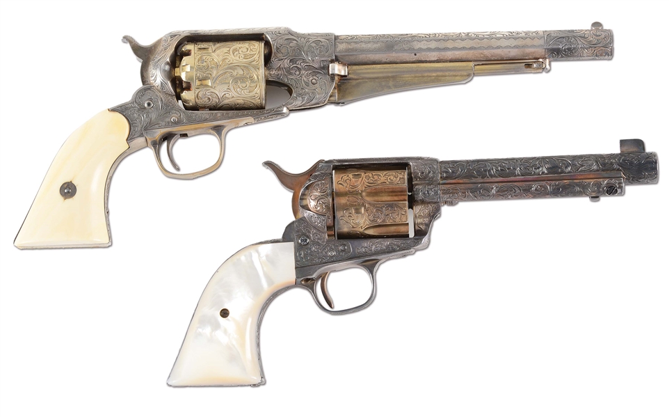 (A+M) LOT OF 2: ENGRAVED REMINGTON NEW MODEL ARMY PERCUSSION REVOLVER AND ELABORATELY ENGRAVED ROHM COPY OF A COLT SINGLE ACTION ARMY. 