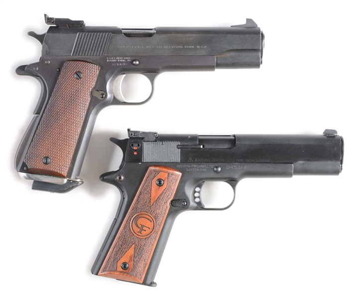 (M) LOT OF 2: CUSTOM 1911 SEMI-AUTOMATIC PISTOL WITH NATIONAL MATCH PARTS ON ESSEX FRAME AND CHIAPPA 1911-22 SEMI-AUTOMATIC PISTOL.
