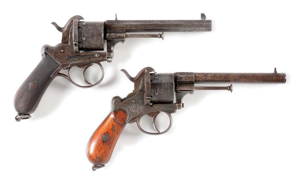 (A) LOT OF 2: LARGE FRAME ANTIQUE FRENCH PINFIRE DOUBLE ACTION REVOLVERS.