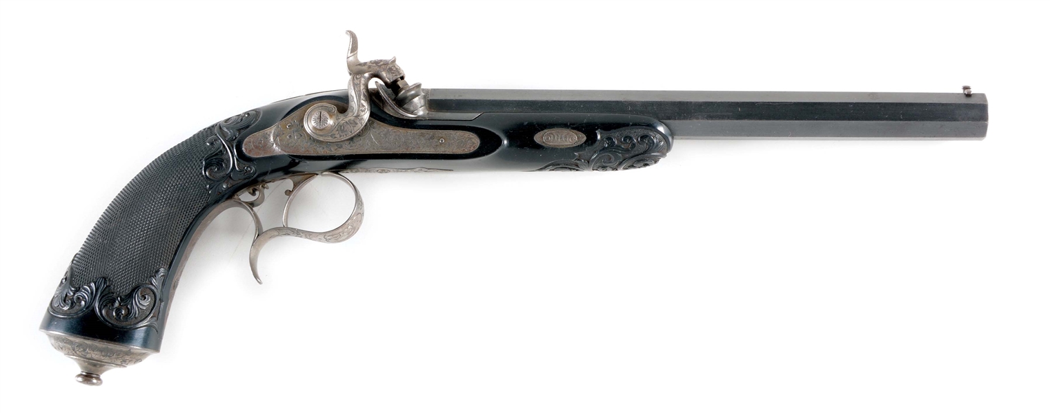 (A) GOOD FRENCH PERCUSSION TARGET PISTOL SIGNED BY FNI PAR GASTINNE RENETTE ARQUEBUSIER DE EMPEROR DE PARIS WITH FINELY CARVED AND CHECKERED EBONY STOCK CIRCA 1860.
