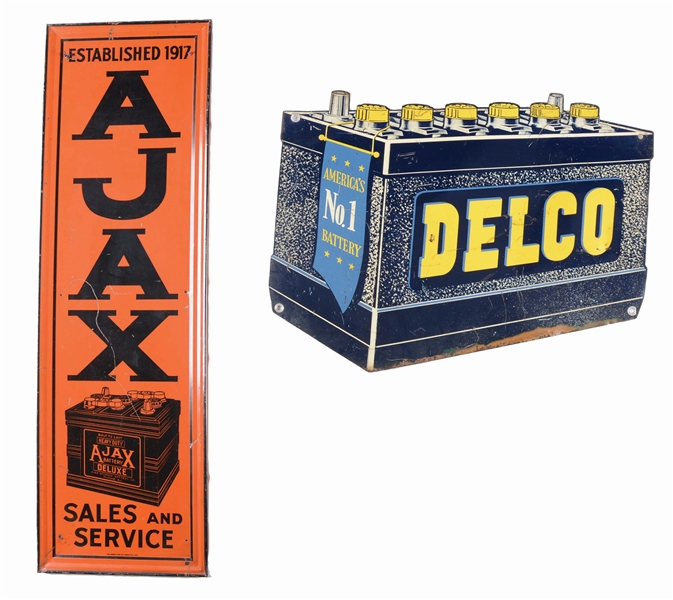 LOT OF 2: DELCO & AJAX BATTERIES TIN SERVICE STATION SIGNS. 