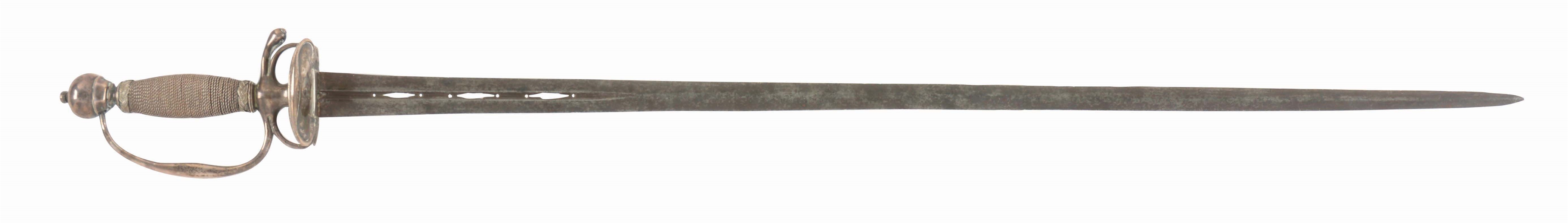 EARLY AMERICAN SILVER-HILTED SMALL SWORD WITH PIERCED BLADE BY DAVID HALL.