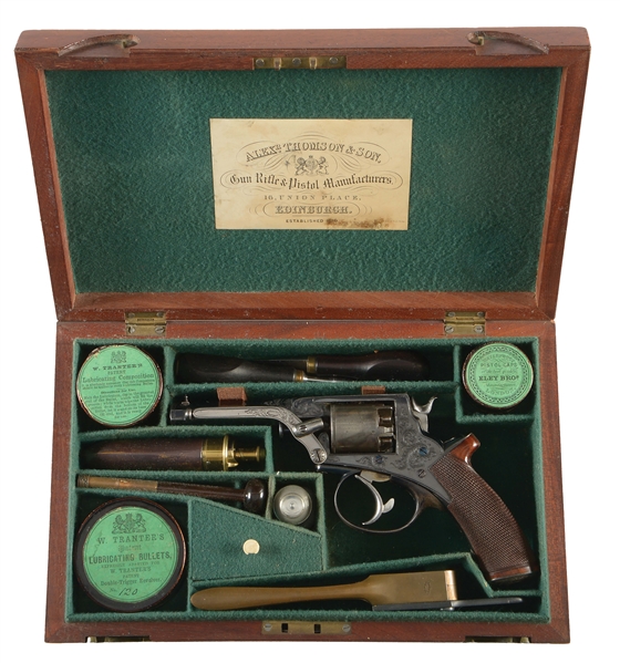 (A) A SUPERB CASED AND ENGRAVED TRANTER DOUBLE ACTION PERCUSSION REVOLVER, RETAILED BY ALEXANDER THOMPSON AND SON, 16 UNION PLACE, EDINBURGH.