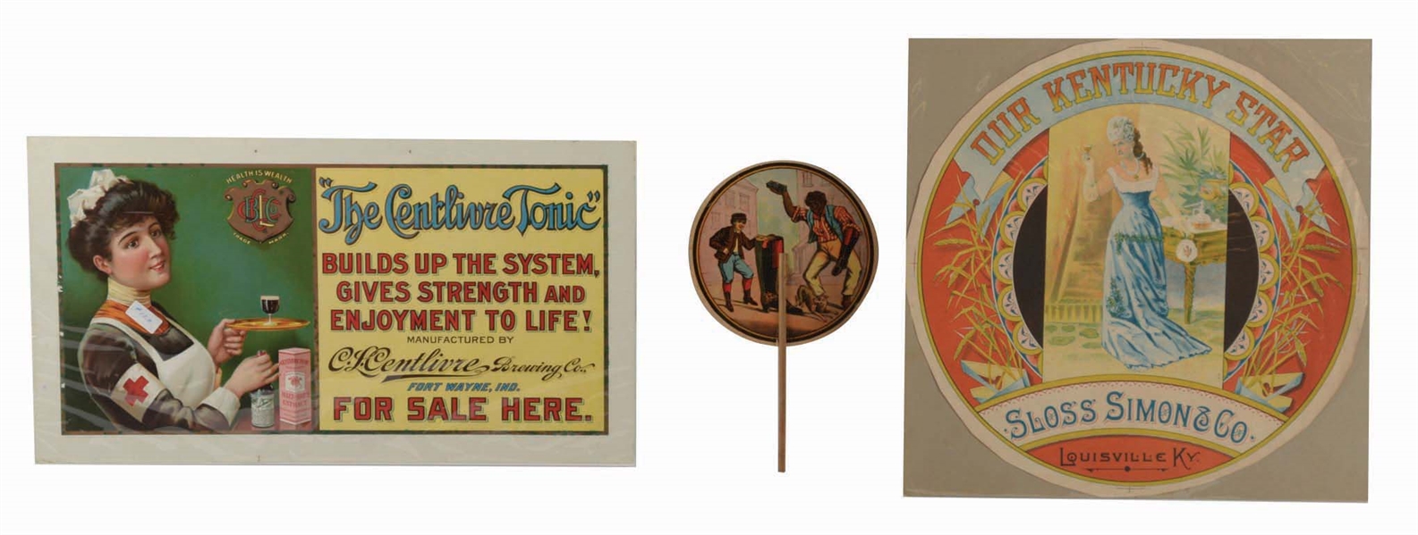 LOT OF 3: PAPER ADVERTISING SIGNS, INCLUDING A HAND FAN.