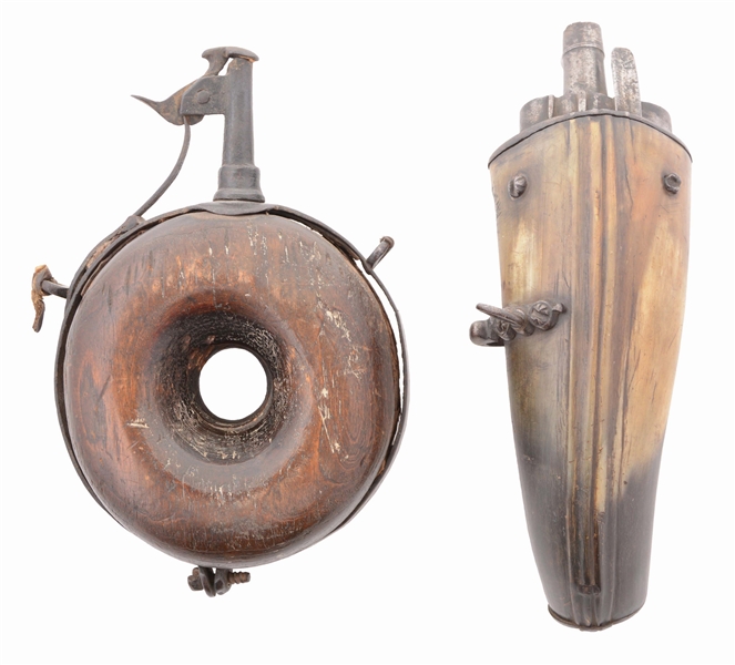 LOT OF 2: AN 18TH CENTURY SPANISH WOOD POWDER FLASK TOGETHER WITH A 17TH CENTURY GERMAN BOXWOOD POWDER FLASK. 