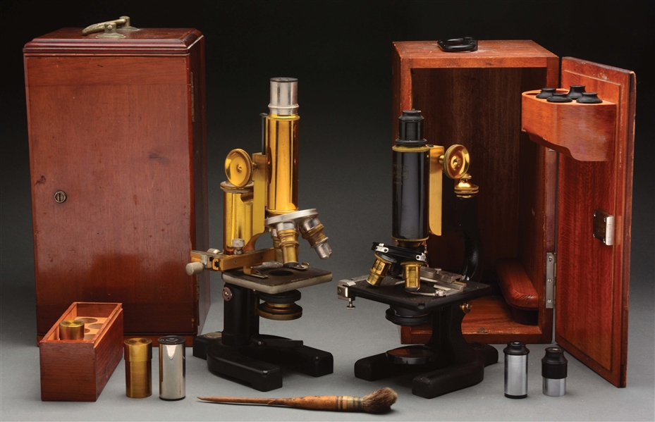 LOT OF 2: BRASS EARLY MEDICAL MICROSCOPES WITH ORIGINAL WOODEN CASES.
