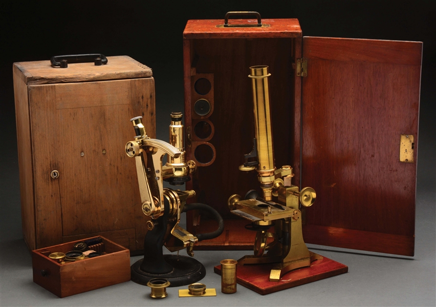 LOT OF 2: EARLY BRASS MEDICAL MICROSCOPES WITH ORIGINAL WOODEN CASES.