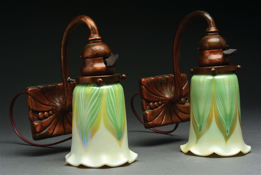 TIFFANY STUDIOS SCONCES PULLED-FEATHER SHADES.