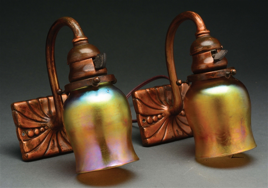 PAIR OF TIFFANY STUDIOS SCONCES WITH TWO MINI TULIP SHADES.