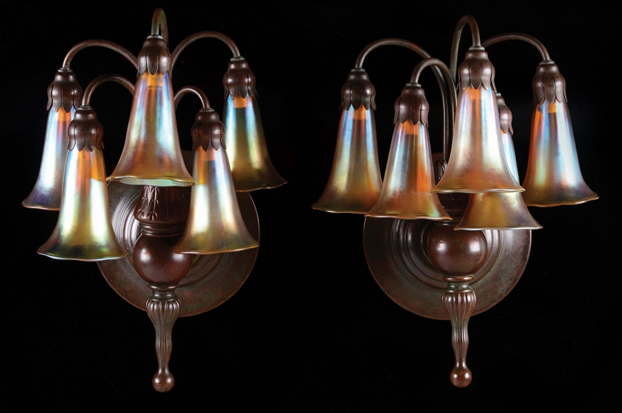 TIFFANY STUDIOS LILY SCONCES WITH CONTEMPORARY SHADES.