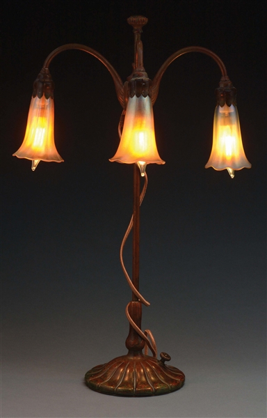 TIFFANY STUDIOS ADJUSTABLE THREE-LIGHT LILY LAMP.