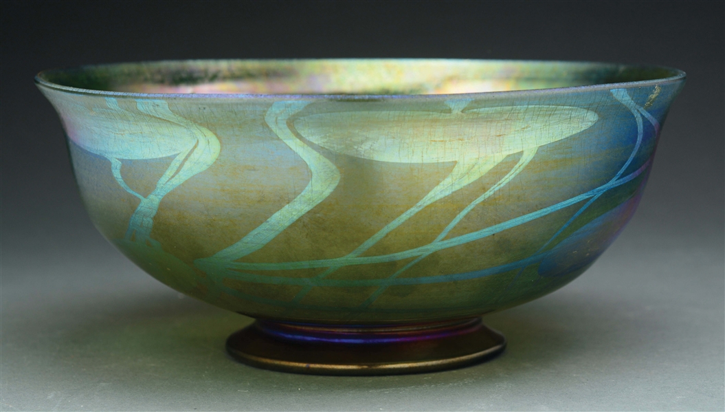 TIFFANY FAVRILE GREEN DECORATED BOWL.