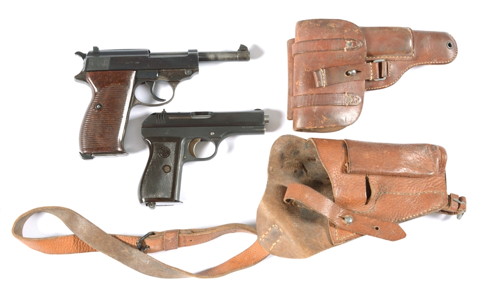 (C) LOT OF 2: WORLD WAR II NAZI GERMAN MAUSER P.38 AND CZ MODEL 27 SEMI-AUTOMATIC PISTOLS WITH HOLSTERS.