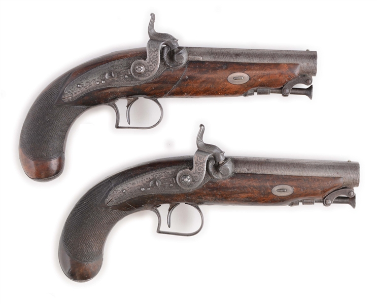 (A) LOT OF TWO: A HIGH QUALITY CASED PAIR OF ENGLISH PERCUSSION TRAVELLING PISTOLS BY THOMAS STEVENS, 43 HIGH HOLBORN STREET, LONDON, 1823-1842.