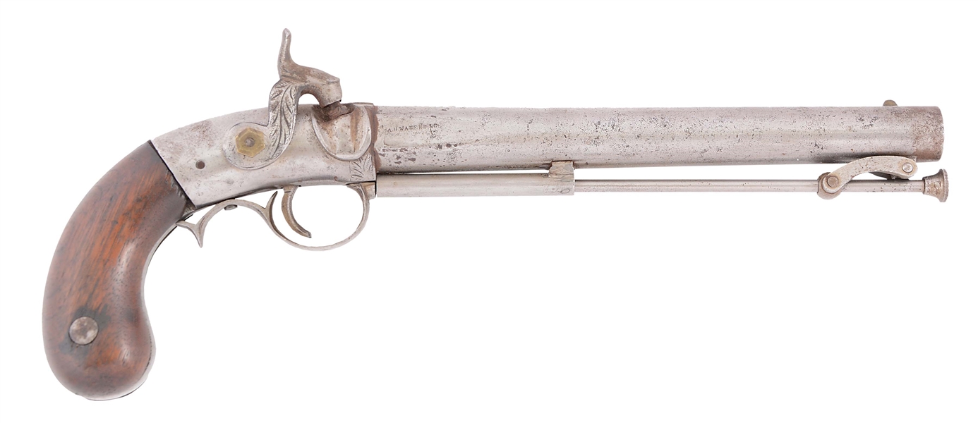 (A) A SCARCE WATERS ALL METAL SINGLE SHOT PERCUSSION PISTOL, CIRCA 1849, STAMPED ON RIGHT FLAT OF BARREL A.H. WATERS & CO.