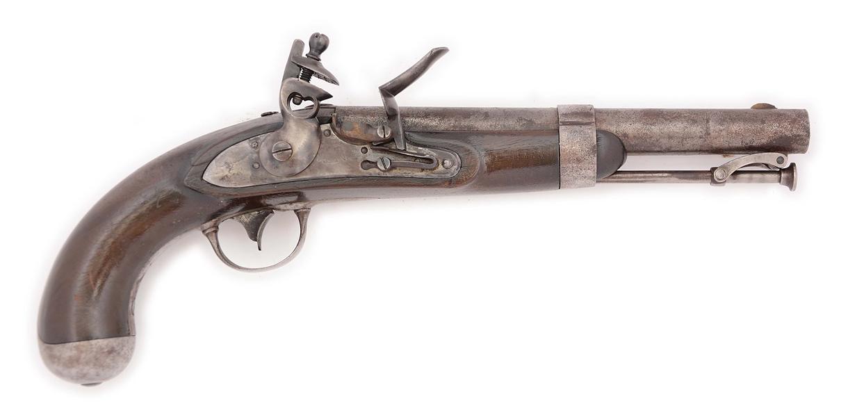 (A) AN UNUSUAL MODEL 1836 WATERS FLINTLOCK MARTIAL PISTOL WITH NO MARKINGS ON LOCK PLATE OTHER THAN A SPREAD-WINGED EAGLE.