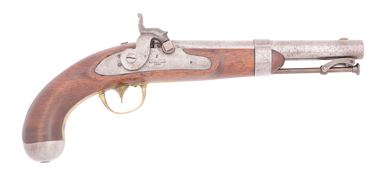 (A) A SCARCE 1842 "FLAT LOCK" WATERS SINGLE SHOT PERCUSSION MARTIAL PISTOL.