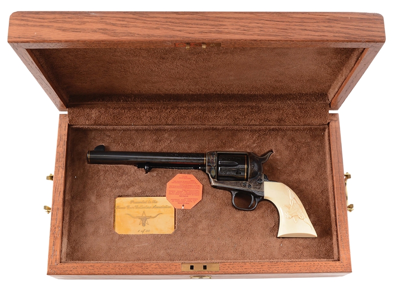 (M) CASED TEXAS GUN COLLECTORS ASSOCIATION FACTORY ENGRAVED AND GOLD BANDED COLT THIRD GENERATION SINGLE ACTION ARMY REVOLVER WITH RELIEF CARVED STEER HEAD GRIP