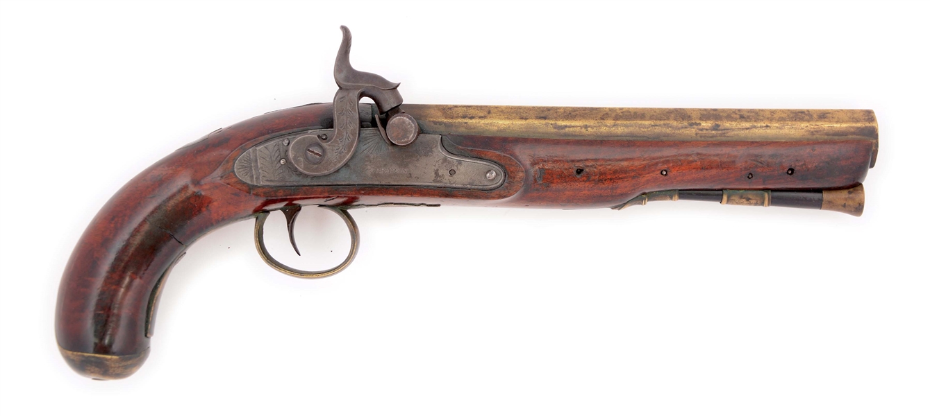 (A) AN AMERICAN KENTUCKY STYLE SINGLE SHOT FLINTLOCK PISTOL CONVERTED TO PERCUSSION BY TRYON, PHILADELPHIA.