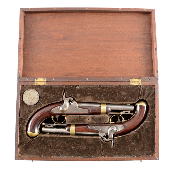 (A) LOT OF TWO: A BRACE OF US MODEL 1842 SINGLE SHOT PERCUSSION MARTIAL PISTOL BY HENRY ASTON, BOTH WITH DESIRABLE MEXICAN WAR DATE 1847 IN A PERIOD FRENCH STYLE FITTED CASE.