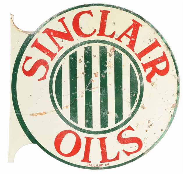 SINCLAIR OILS TIN SERVICE STATION FLANGE SIGN W/ BAR GRAPHIC. 