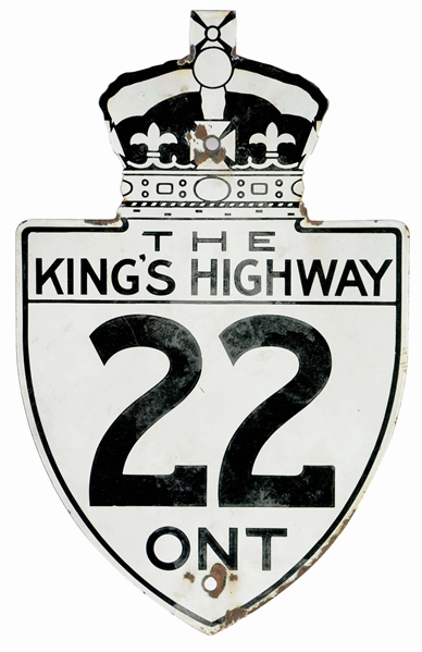 KINGS HIGHWAY DIE CUT PORCELAIN CANADIAN ROAD SIGN.