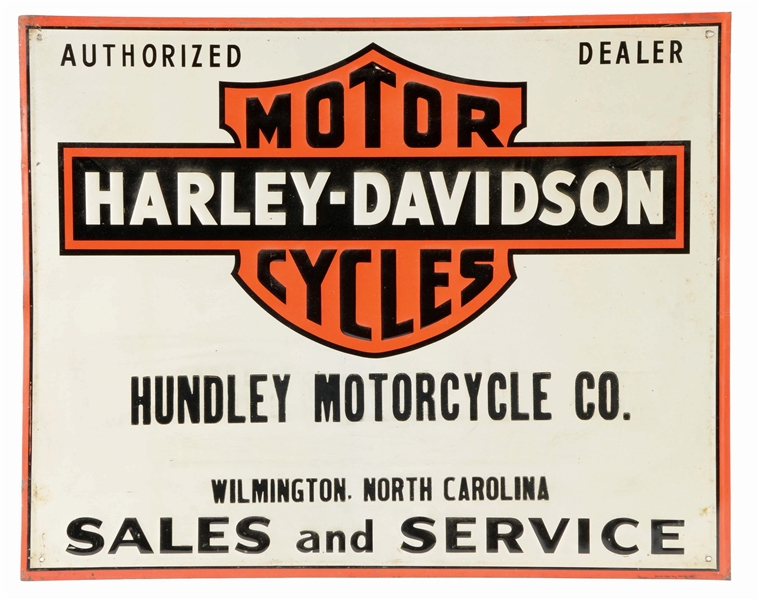 HARLEY DAVIDSON MOTORCYCLES SALE & SERVICE EMBOSSED TIN SIGN.