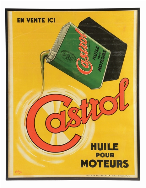 CASTROL MOTOR OIL FRAMED CARD STOCK POSTER W/ POURING CAN GRAPHIC.