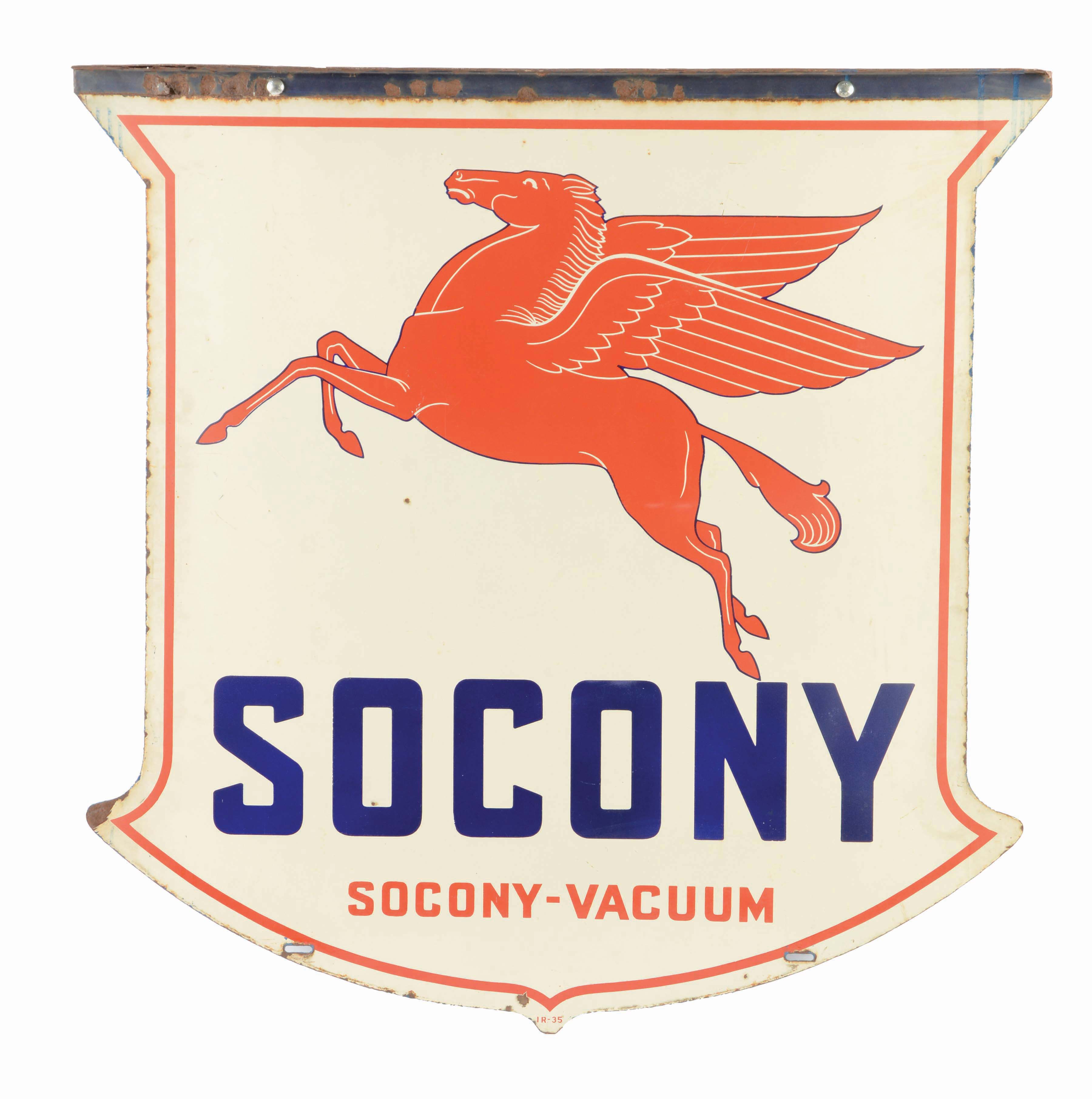 Lot Detail - SOCONY GASOLINE PORCELAIN SHIELD SIGN W/ PEGASUS GRAPHIC.