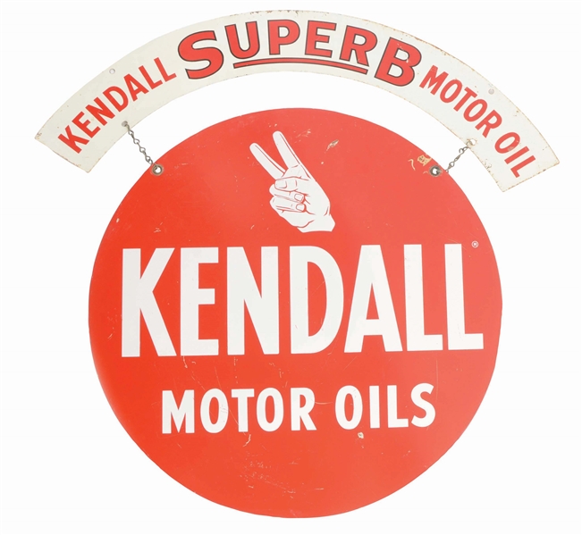 KENDALL MOTOR OILS TWO PIECE TIN SERVICE STATION SIGN.
