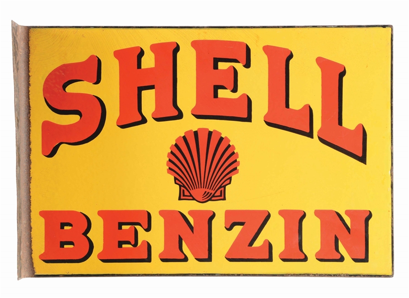 SHELL BENZIN PORCELAIN FLANGE SIGN W/ SHELL GRAPHIC. 