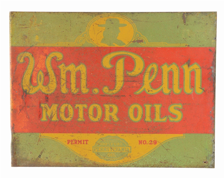 WILLIAM PENN MOTOR OILS TIN FLANGE SIGN.