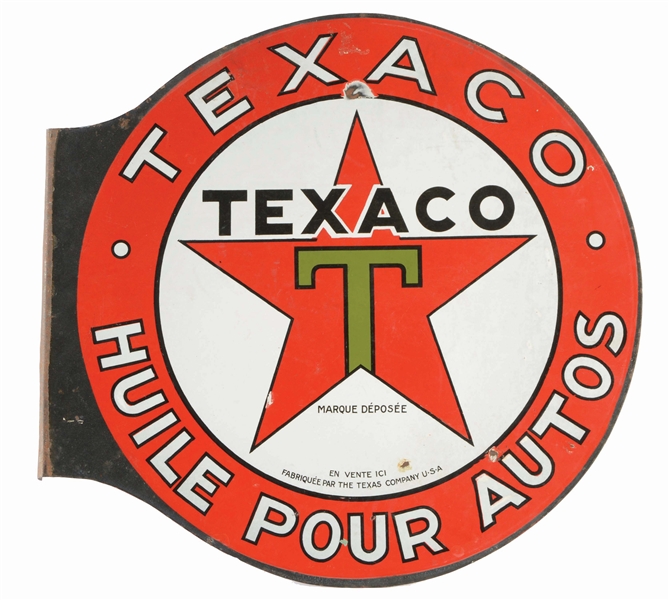 TEXACO MOTOR OIL HUILE POUR AUTOS PORCELAIN FLANGE SIGN.