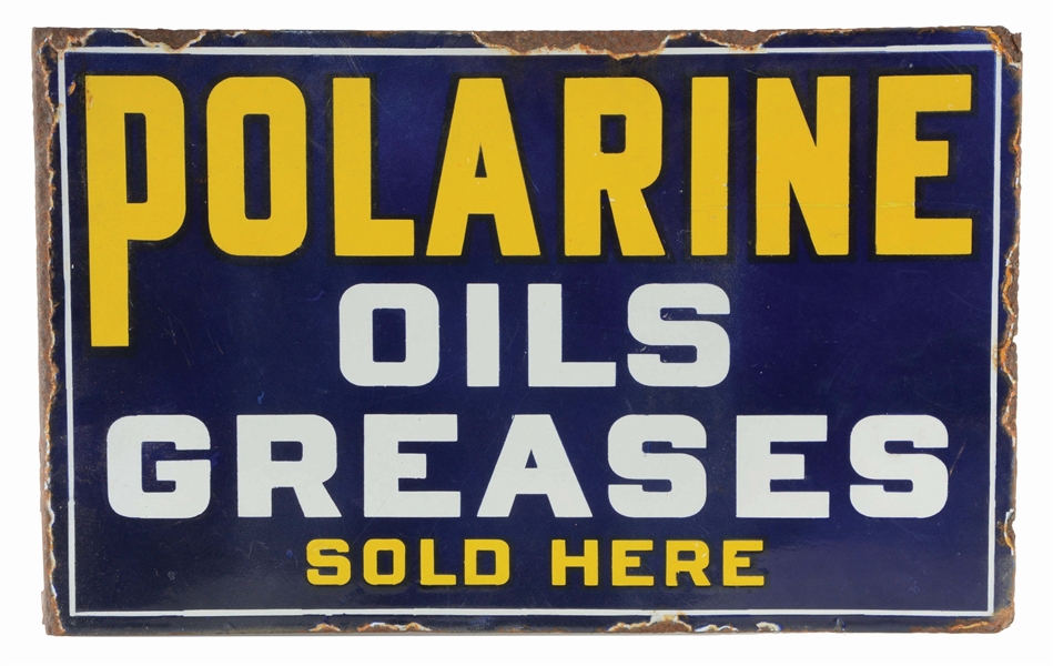 POLARINE OILS & GREASES SOLD HERE PORCELAIN FLANGE SIGN.