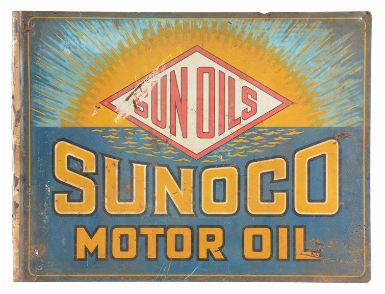 SUNOCO SUN OILS MOTOR OIL TIN FLANGE SIGN.