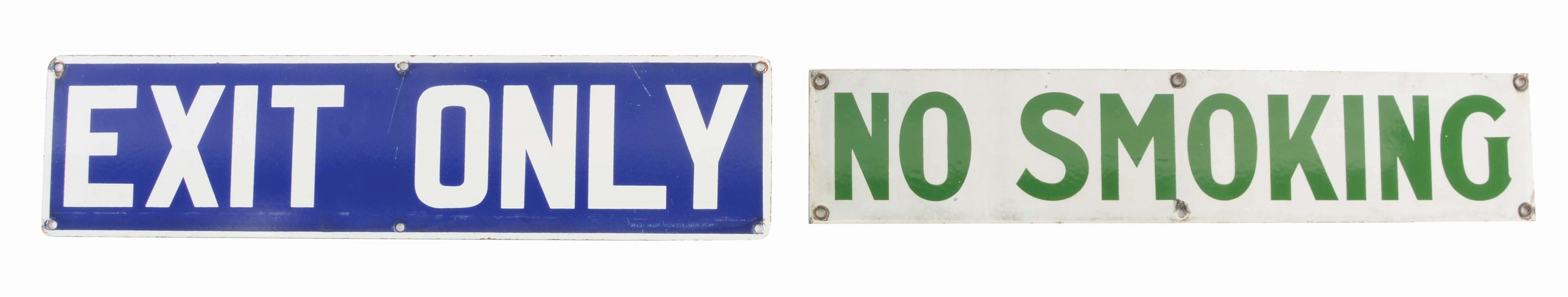 LOT OF TWO: EXIT ONLY & NO SMOKING PORCELAIN SIGNS.