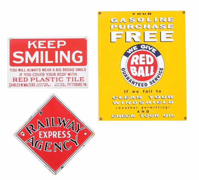 LOT OF THREE: PORCELAIN ADVERTISING SIGNS.