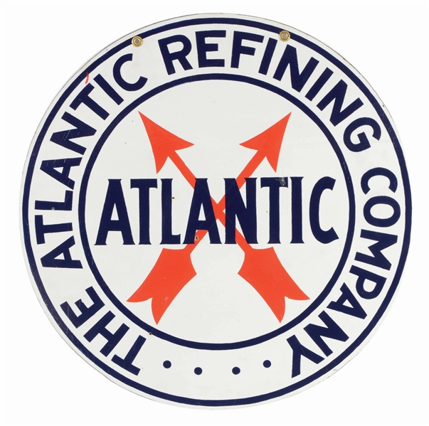 ATLANTIC GASOLINE PORCELAIN SIGN W/ CROSSED ARROW GRAPHIC.