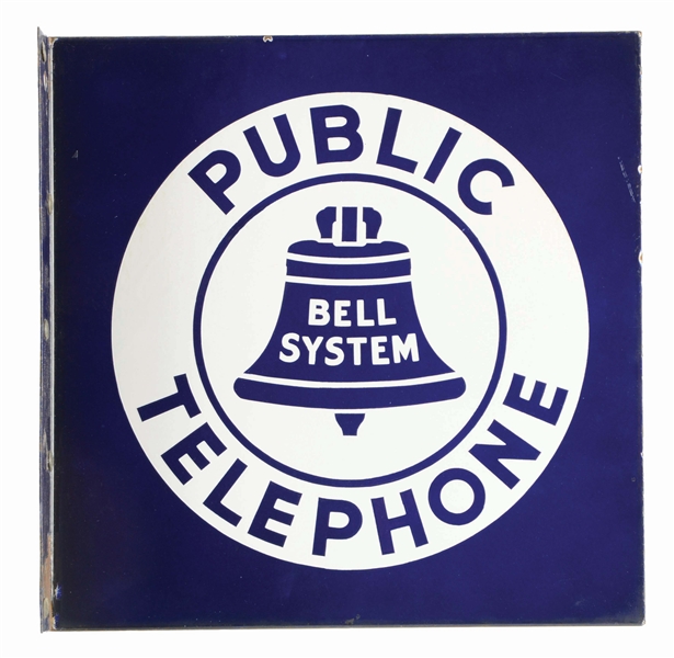 BELL SYSTEM PUBLIC TELEPHONE PORCELAIN FLANGE SIGN.