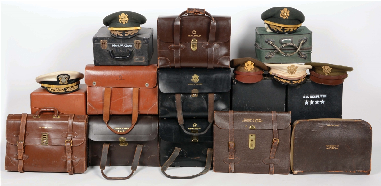 LOT OF 13: US MILITARY BRIEFCASES AND CAPS WITH SPURIOUS MARKINGS.
