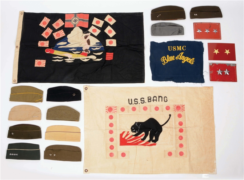 LARGE LOT OF SPURIOUS US MILITARY CAPS AND FLAGS.
