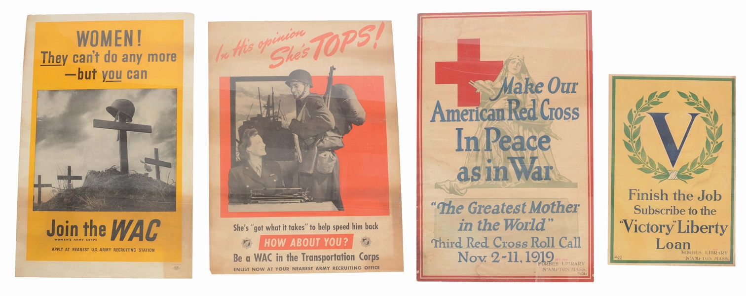 LOT OF 4: US WORLD WAR I AND WORLD WAR II POSTERS.