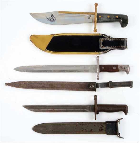 LOT OF 3: 1902 DATED KRAG BAYONET, RIA 03 BAYONET AND CASE BOWIE KNIFE IN ORIGINAL FACTORY BOX.