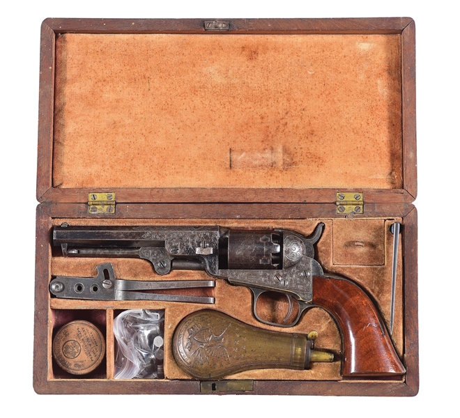 (A) FACTORY ENGRAVED AND CASED COLT MODEL 1849 POCKET PERCUSSION REVOLVER.