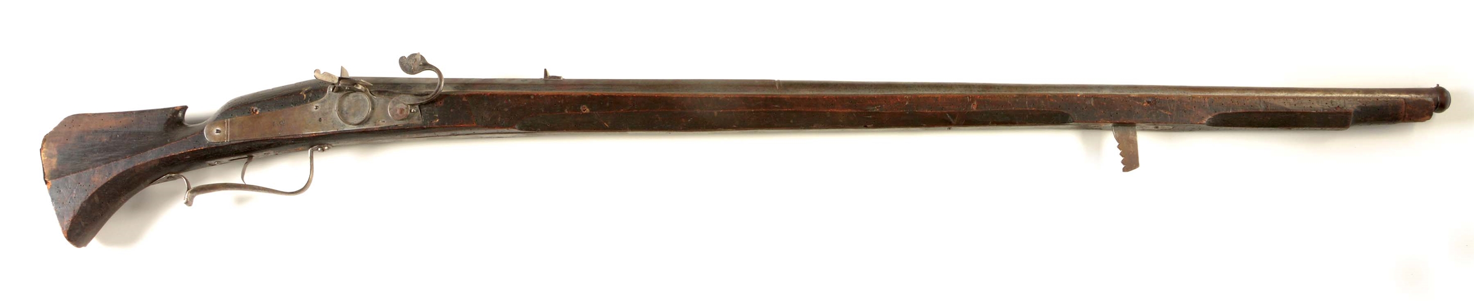 (A) A CLASSIC LATE 16TH CENTURY GERMAN MATCHLOCK WALL GUN, BEAUTIFULLY MARKED THROUGHOUT, POSSIBLY SUHL WITH DESIRABLE FISHTAIL BUTT.