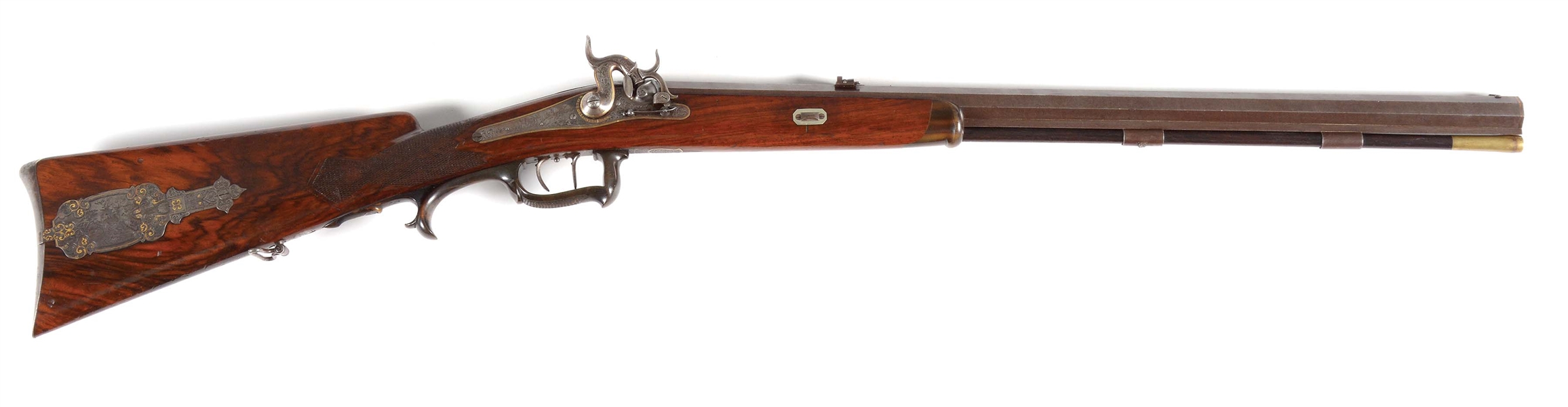 (A) A FINE AND BEAUTIFULLY DECORATED GERMAN PERCUSSION STALKING RIFLE BY WILHELM HUEBEL MEININGEN, CIRCA 1845.