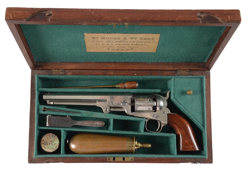 (A) CASED & NICKEL PLATED BRITISH PROOFED COLT MODEL 1851 NAVY SINGLE ACTION PERCUSSION REVOLVER.